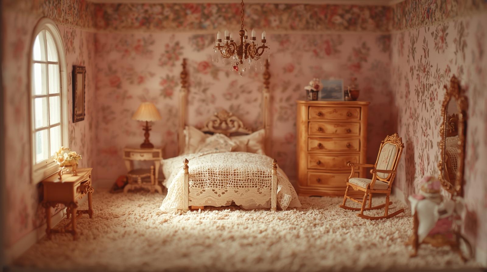 A beautifully decorated dollhouse bedroom showcasing several miniature furniture pieces.