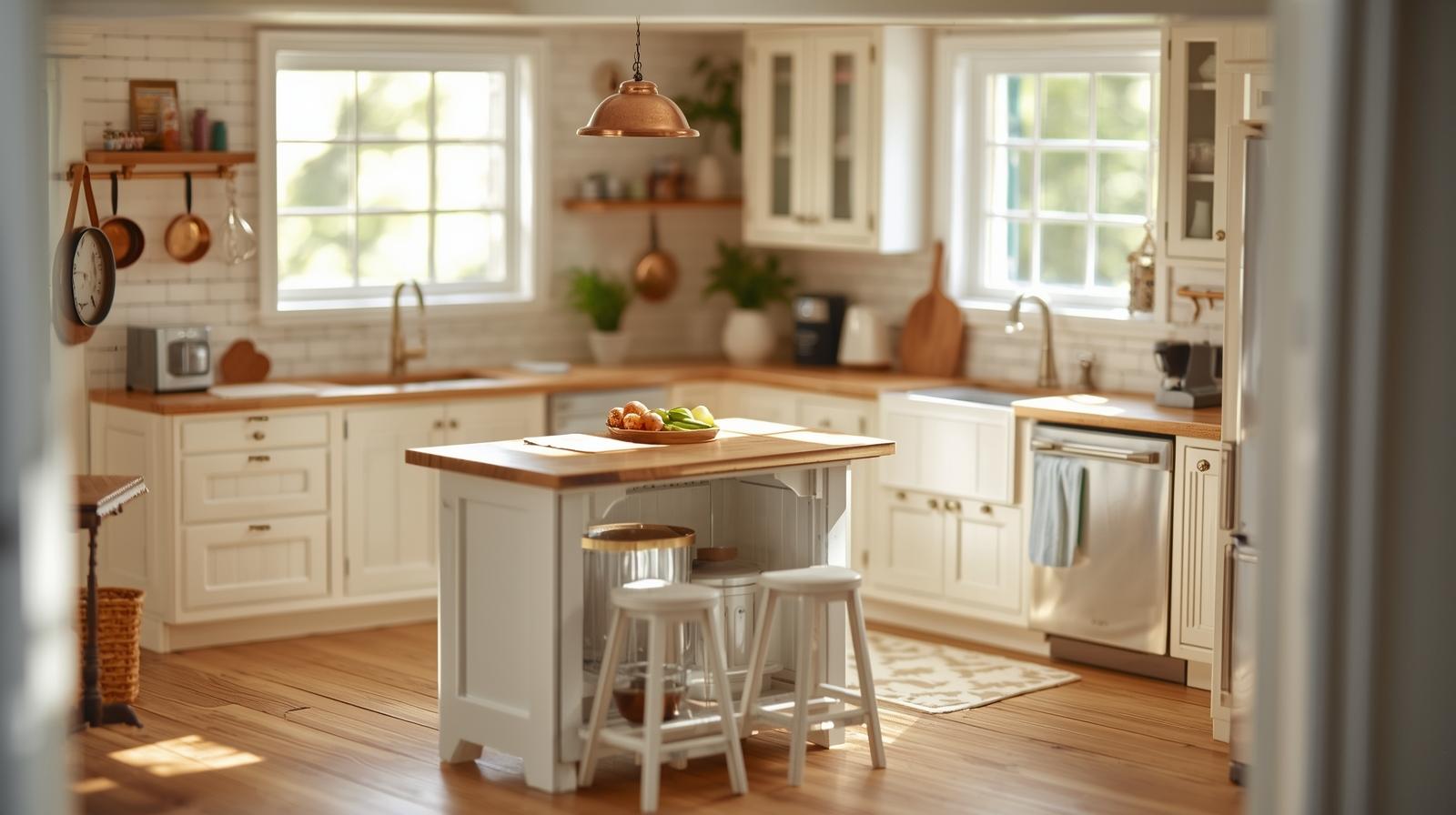 A detailed dollhouse kitchen in the modern farmhouse style, with a tiny island and subway tile.