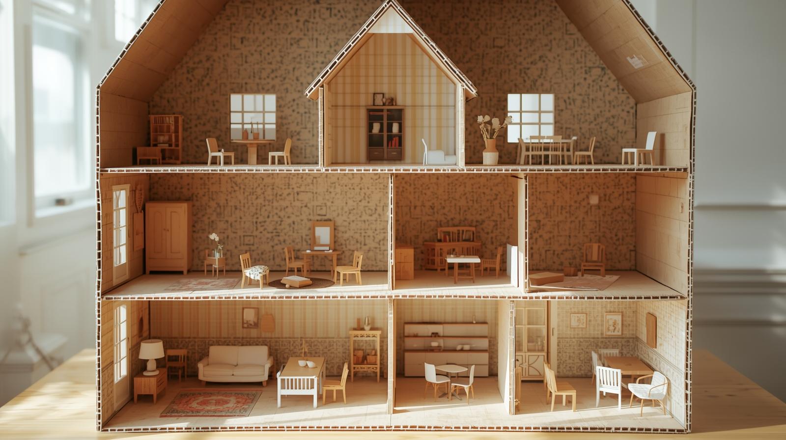 A beautifully crafted multi-story cardboard dollhouse decorated with simple furniture and wallpaper.
