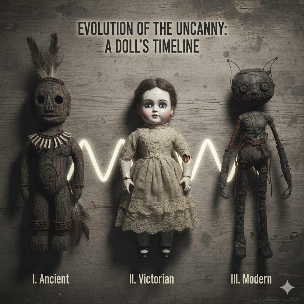 A timeline showing an ancient effigy, a Victorian porcelain doll, and a modern creepy doll.