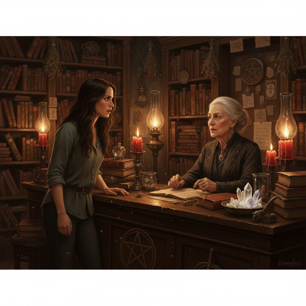 An artistic depiction of Mia Form talking to Evelyn in a dimly lit occult bookstore.