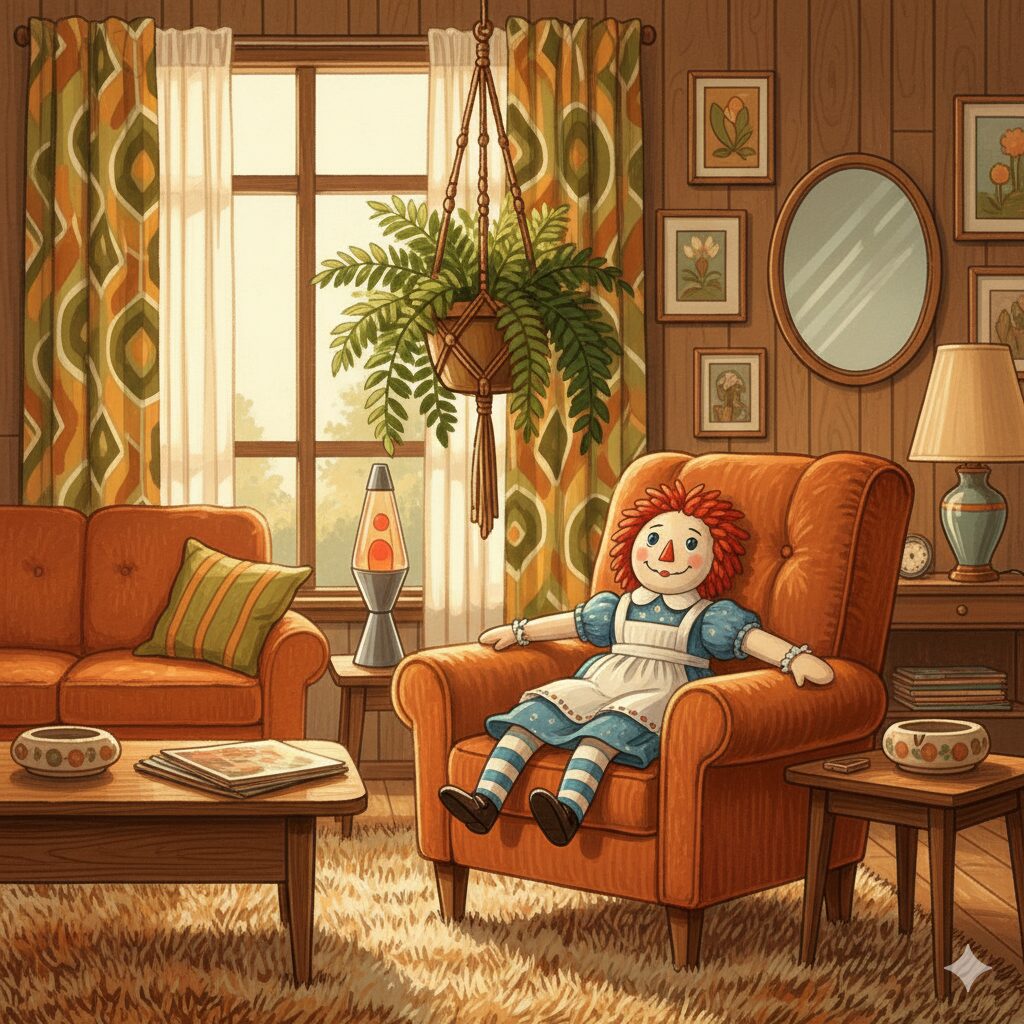 Illustration of a 1970s apartment with a Raggedy Ann doll on a chair