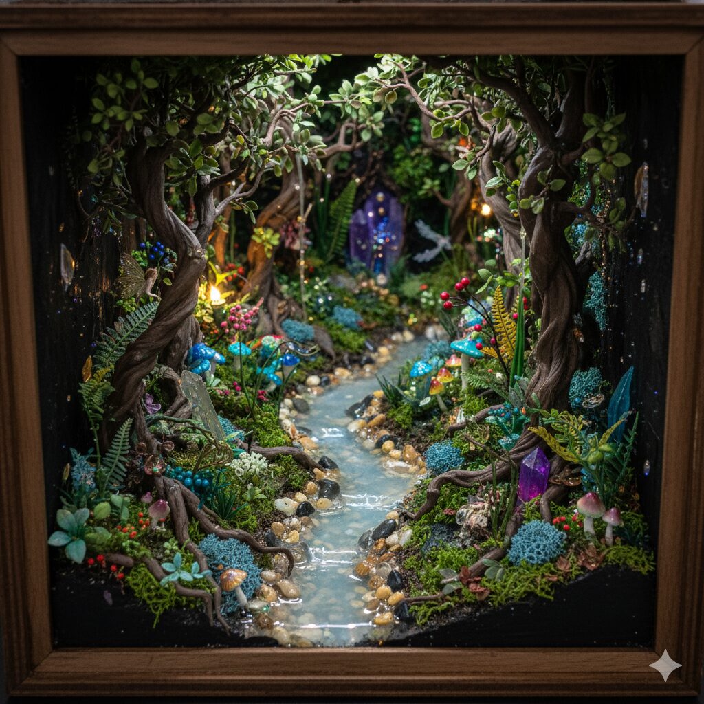 A highly detailed hobbyist diorama of a magical forest scene with a small stream and detailed foliage.