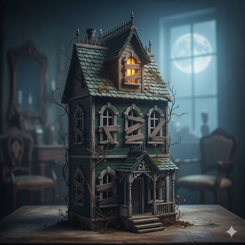 A beautifully crafted haunted dollhouse, with weathered siding, boarded-up windows, and a single spooky light on in the attic.