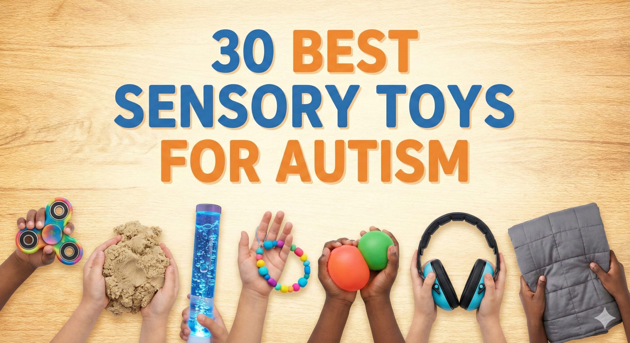 A curated collection of sensory toys including pop tubes, weighted blankets, and fidget spinners on a wooden table