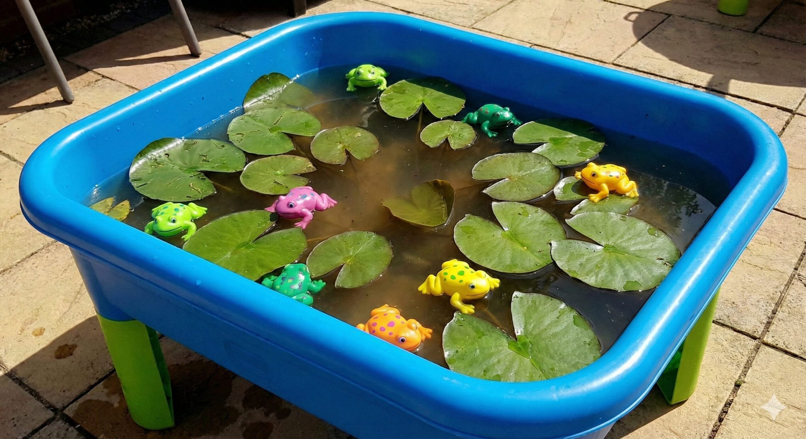 Lily pads and plastic frogs in water table