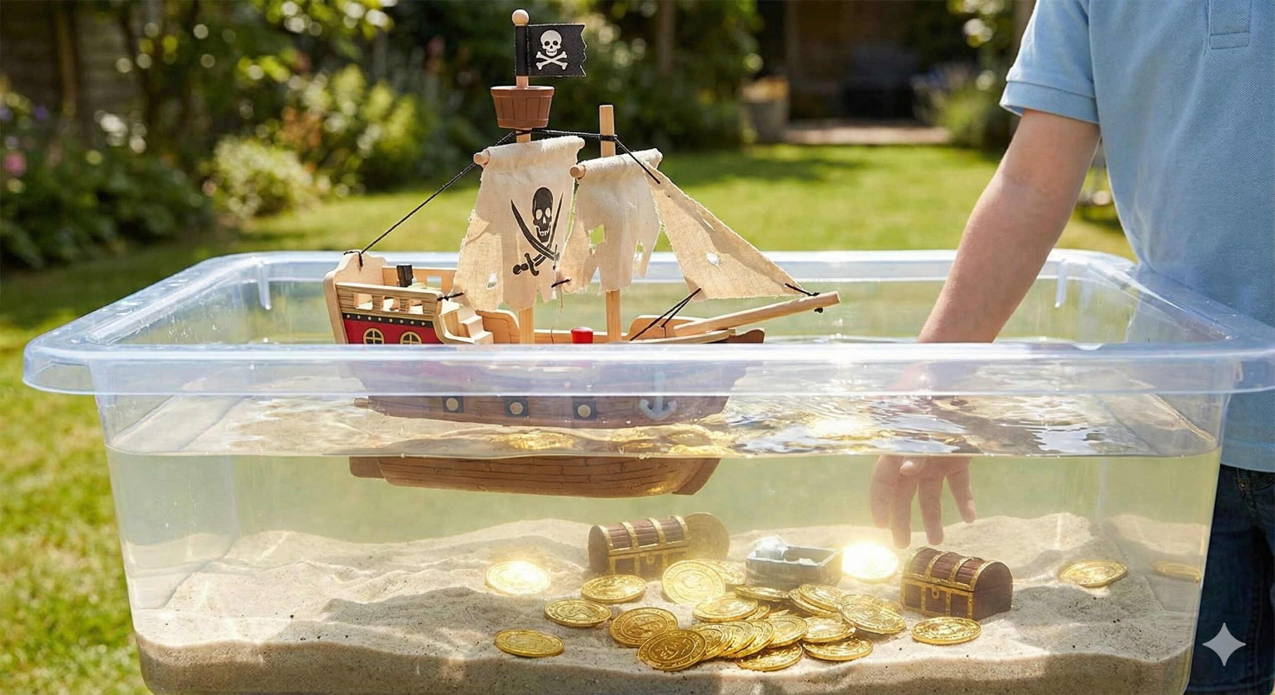 Toy pirate ship floating in water table with gold coins at the bottom