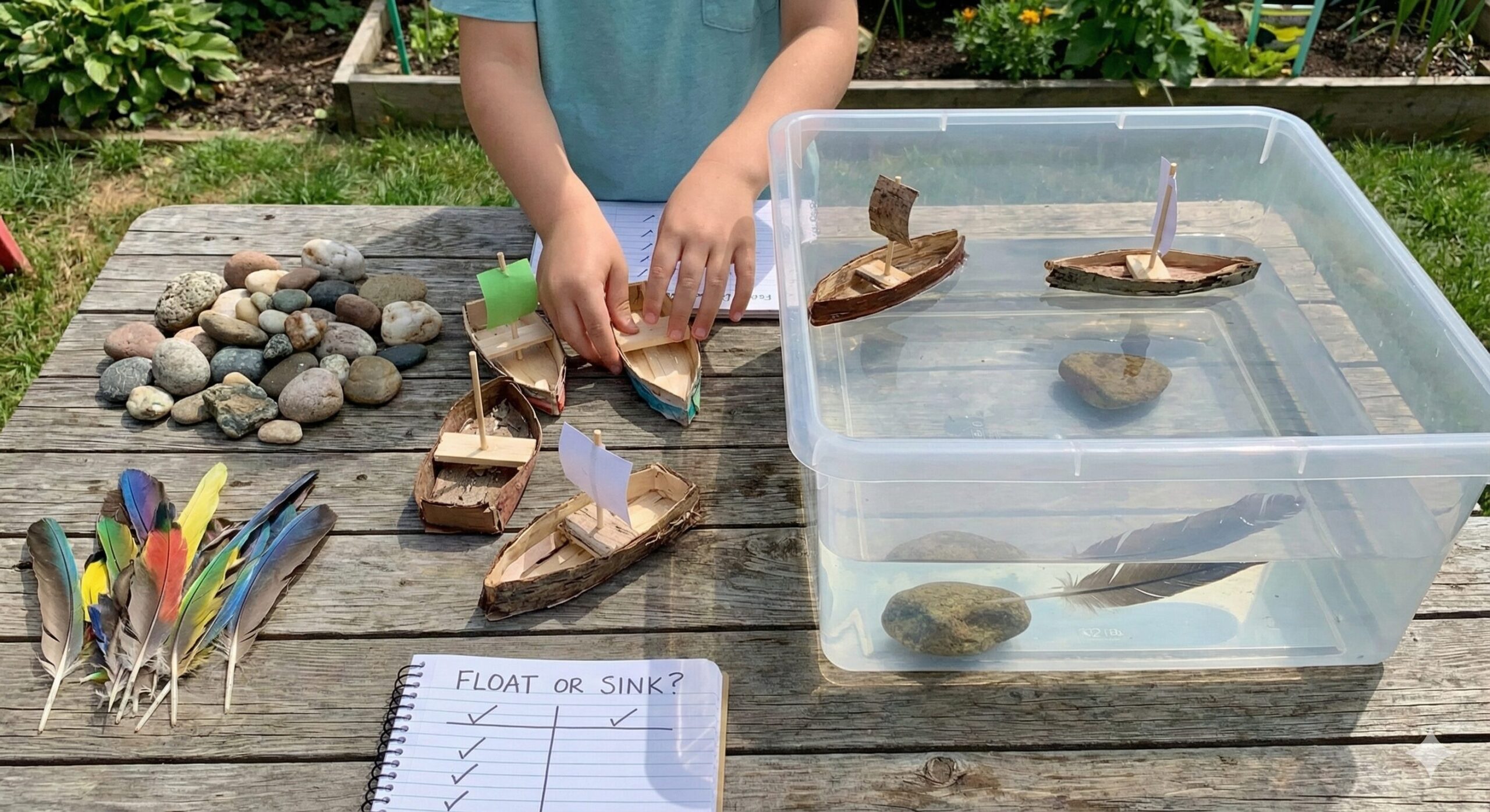 Collection of items like rocks, feathers, and toy boats for float testing