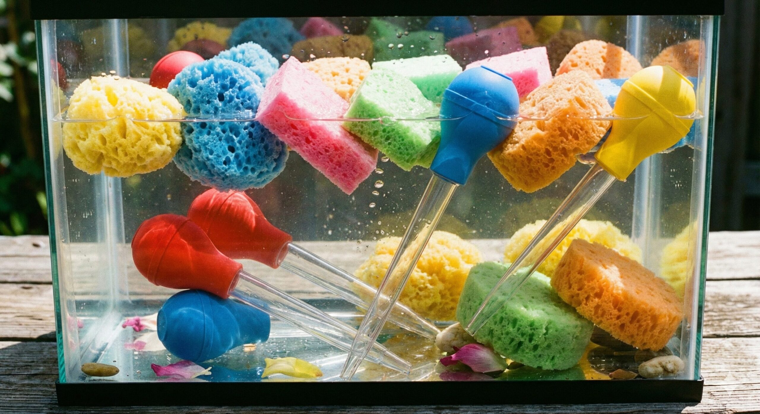 Colorful sponges and turkey basters in water