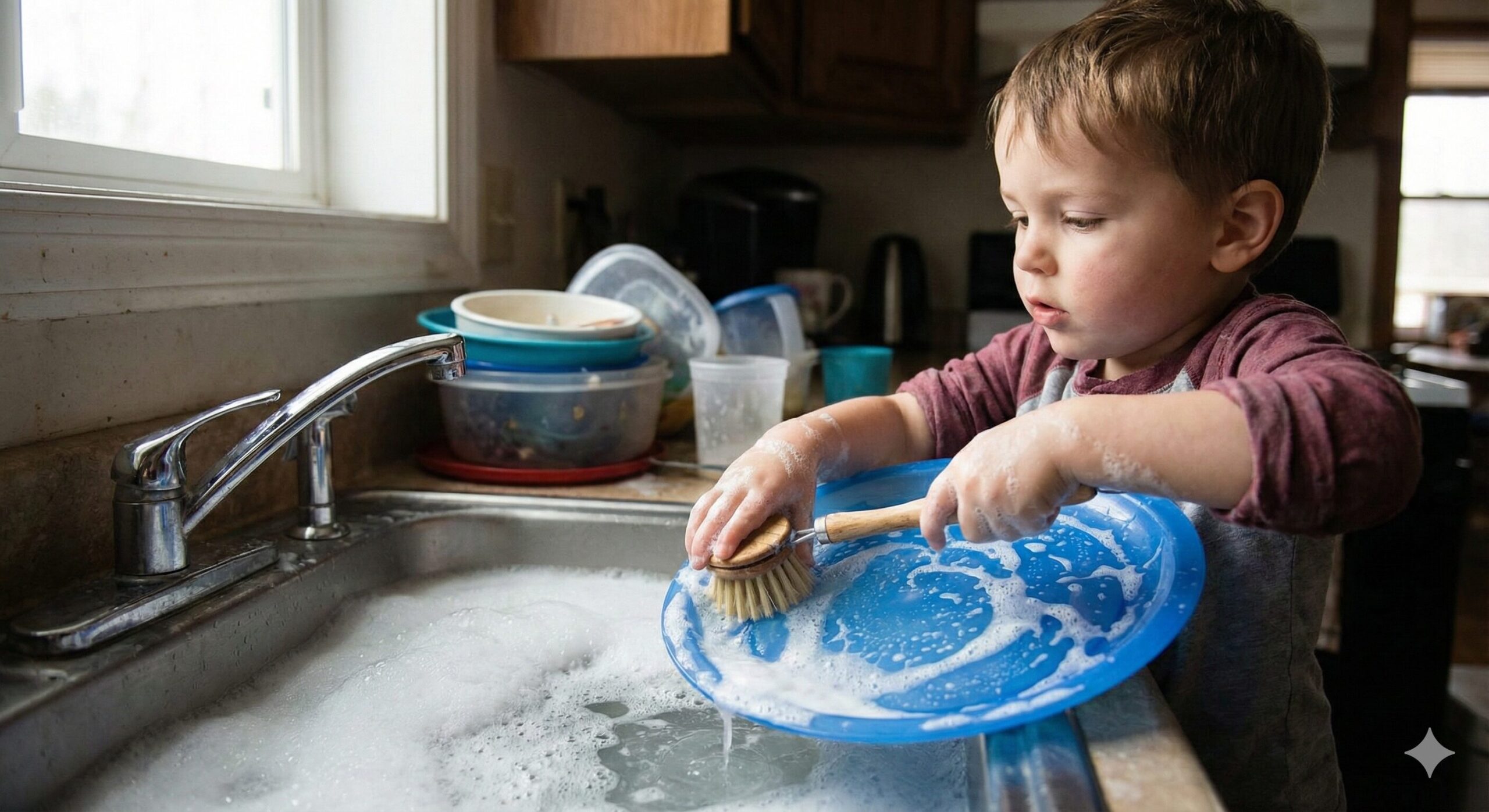 Child scrubbing plastic plates with a brush in soapy water