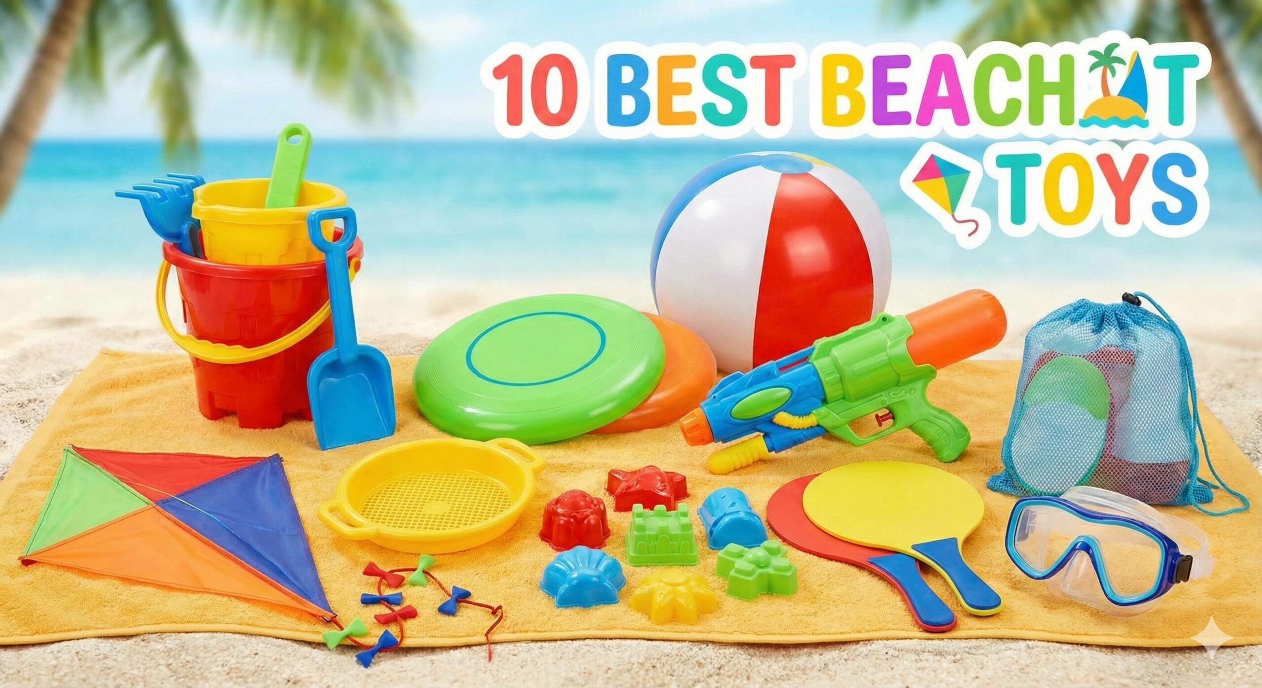 Colorful collection of buckets, shovels, kites, and beach balls on white sand with ocean background