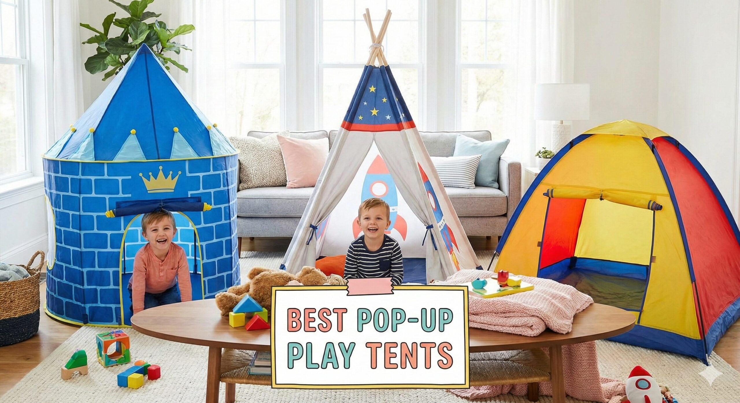 Child peeking out of a colorful pop-up rocket ship tent in a living room