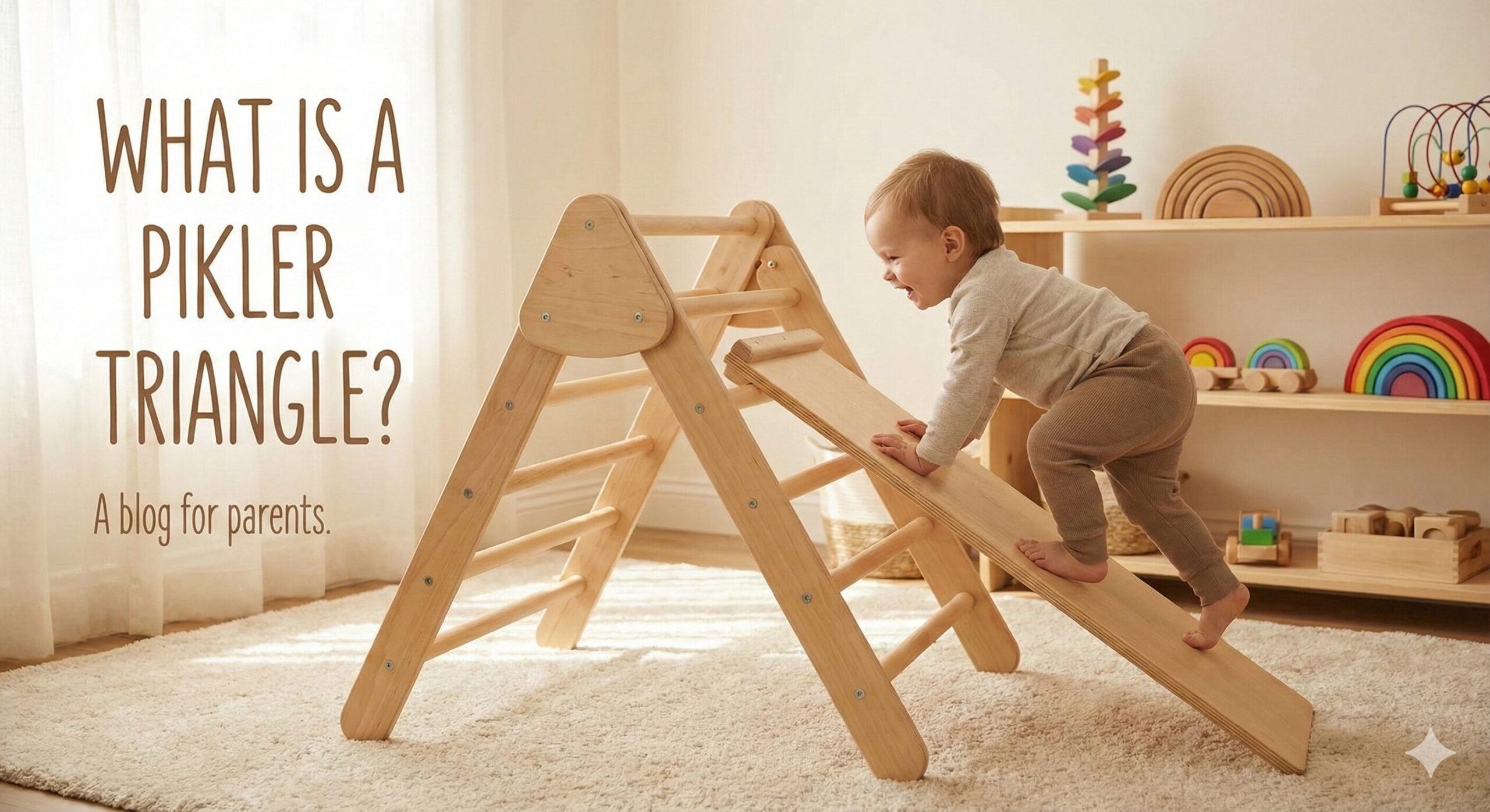 Toddler climbing a wooden Pikler Triangle in a sunlit room